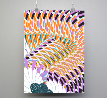 Multicoloured vector digital artwork shown as a hanging print