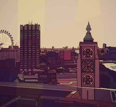 Illustration of London Skyline and OXO tower. Click to buy on Red Bubble.