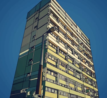 Illustration of a green London tower block. Click to buy on Red Bubble.