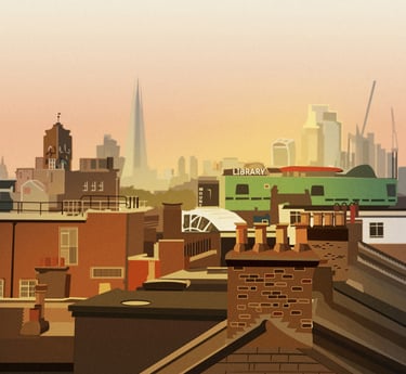 Rooftops illustration of Peckham. Click to buy on Red Bubble.