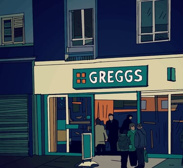 Illustration of people at Greggs.  Click to buy on Red Bubble.