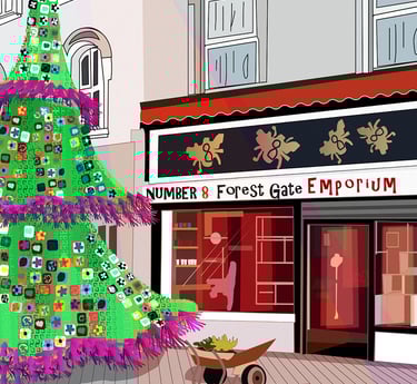 Illustrated drawing of Number 8 Forest Gate Emporium in London E7. Click to buy on Red Bubble.