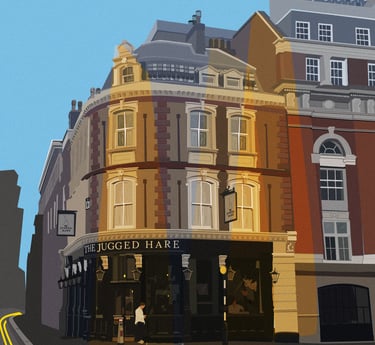 Illustration of the Jugged Hare pub in London. Click to buy on Red Bubble.