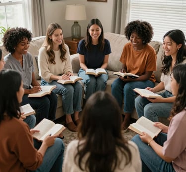 A warm, sunlit gathering of diverse people holding hands in a circle outdoors, symbolizing community and faith.