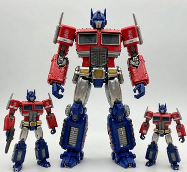 A colorful shelf packed with neatly arranged collectible action figures including Marvel Legends and Transformers.