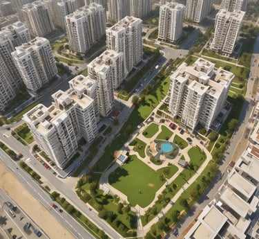 Aerial view of 14th Avenue project showcasing the master plan with green spaces and residential buildings.