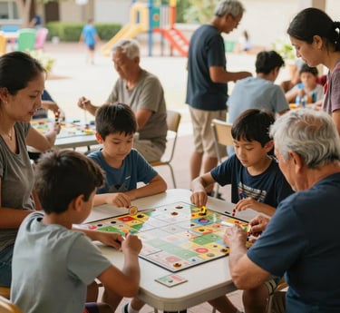 Colorful community event with people of different ages playing board games outdoors.