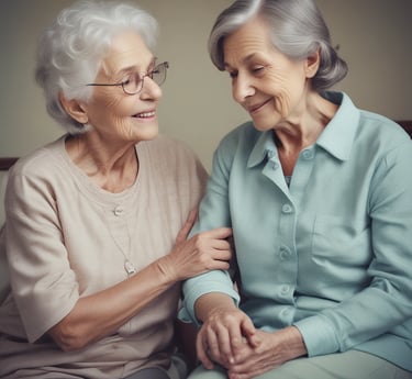 Elderly woman smiling gently while a caregiver assists her at home, warm natural light.