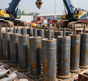 High-resolution image of steel foundation beams being installed at a construction site, showcasing precision engineering.