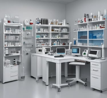 Elegant medical equipment displayed in a luxurious setting with classic blue, pink, and light blue accents.