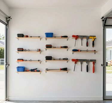 Organized garage workshop with various hand tools and storage bins on wooden wall-mounted shelves.