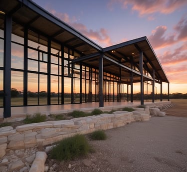 Modern steel-frame barndominium in Kendall County Texas Hill Country at sunset