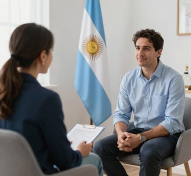 Argentinian psychologist attentively listening to a patient in a cozy office setting.