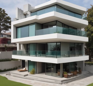 Elegant modern residential building exterior in Lima during golden hour.