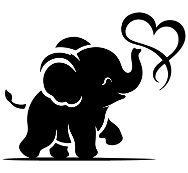 Playful black elephant icon with a heart, symbolizing the kawaii and aesthetic style of the brand