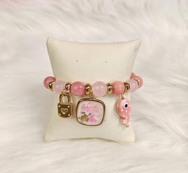 Pulsera de charms rosadas con dijes de candado y tortuga en acero inoxidable 