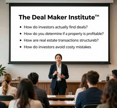 A focused student taking notes during a live real estate investment training session.