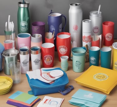 buatkan gambar barang promosi seperi payung, gelas, kaos dan lain lain