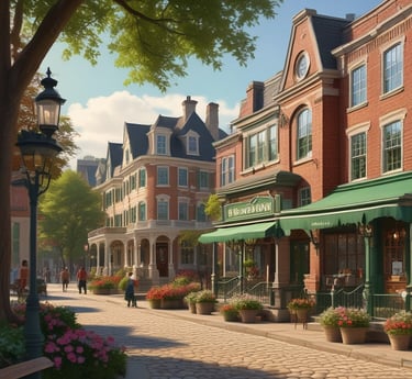 A group of people walking down a street next to tall buildings
