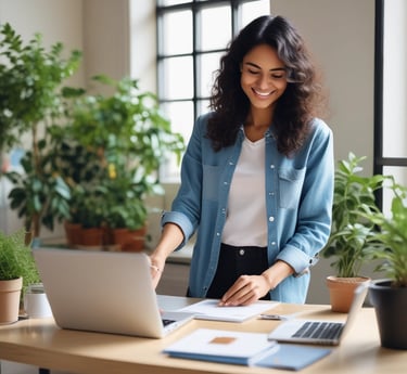 A tired, cluttered workspace gradually transforms into a calm, organized office bathed in soft blue light.
