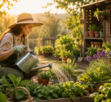 Beginner gardener watering healthy vegetable and flower plants in a sunny home garden