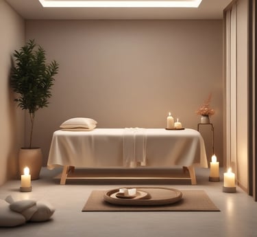 camilla de masaje dentro de una cabina, con velas alrededor