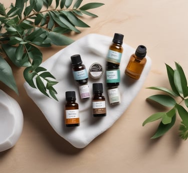 Aceites esenciales, sobre una toalla blanca