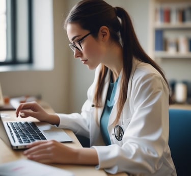 A focused student studying with medical textbooks and a laptop in a bright, clean study space.