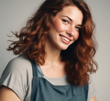 A friendly person smiling while using a laptop, symbolizing personal growth and discovery.