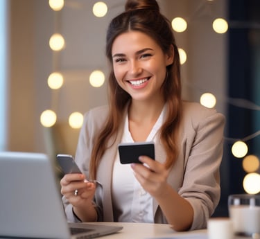 Aisha smiling warmly at her laptop, surrounded by notes and a cup of coffee.