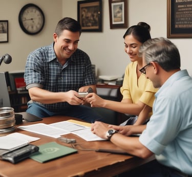 A friendly staff member assisting a customer with vehicle registration paperwork in an office setting.