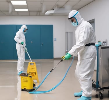 Technician in protective gear applying pest control treatment in a clean restaurant kitchen.