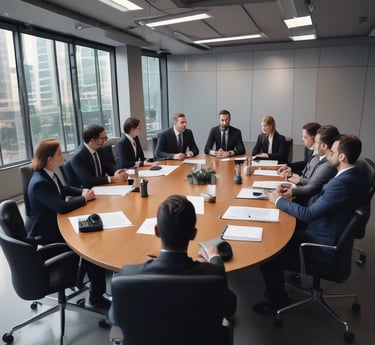 A confident professional speaking passionately in a meeting, with attentive colleagues around.