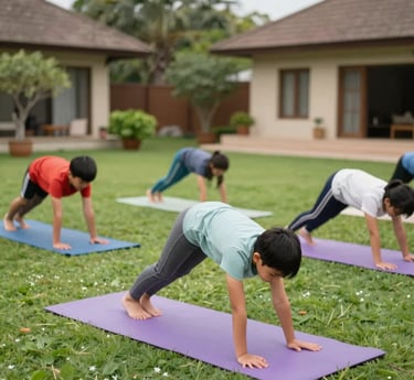 A vibrant classroom scene with children practicing yoga poses under the guidance of a cheerful instructor.