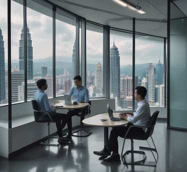 A modern office scene with a diverse Malaysian team collaborating over laptops, with subtle Malaysian cultural icons in the background.
