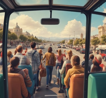 A blue coach bus with travel agency branding is crossing a narrow stone bridge surrounded by lush greenery. In the distance, a few people can be seen walking on a country road.
