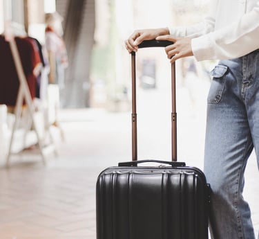 a person holding a suitcase and a suitcase