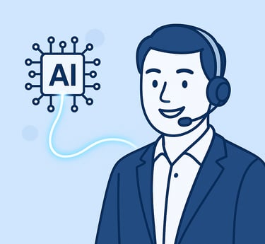 Illustration of an AI seamlessly transferring a call to a friendly human support agent.