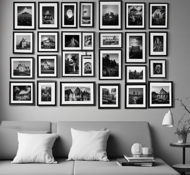 Three vintage photo frames are displayed on top of a wooden surface against a textured wall. The center frame, elegantly ornate, holds a photograph of a young child on a tricycle. The frames on either side contain sepia-toned wedding portraits of couples dressed in early 20th-century attire, featuring brides in long wedding dresses and grooms in formal wear. An antique-looking box is also present near the right frame.