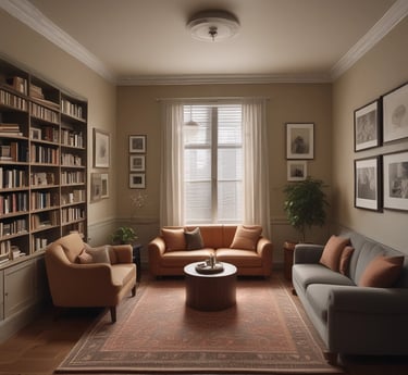 Calm therapy room with comfortable chairs and soft natural light filtering through a window.