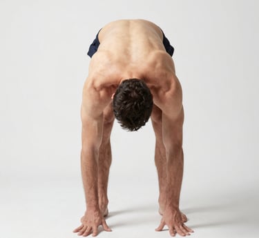 A shirtless man seen from behind with his elbow bent at 90 degrees and his head slightly turned to the side, illustrating physical tension.