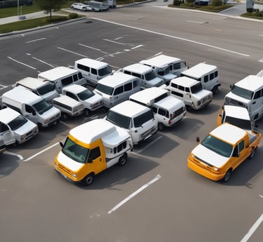 A well-maintained Aurionexa fleet of Bolero campers and utility vehicles lined up at a project site under a clear sky.