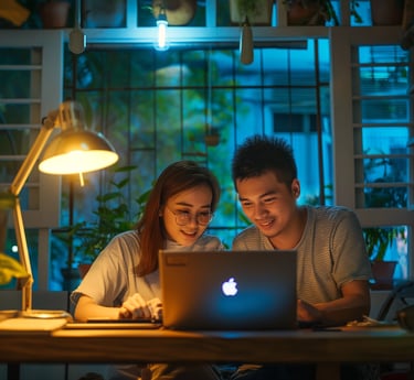 a man and woman sitting at a desk with a laptop
