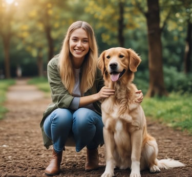 A happy dog and cat playing together in a sunny garden.