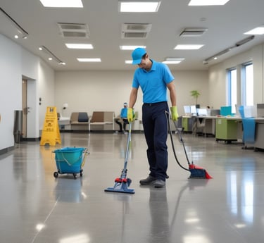 A team of professionals cleaning an office space with advanced equipment.