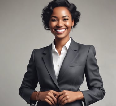 Four business professionals standing together indoors.