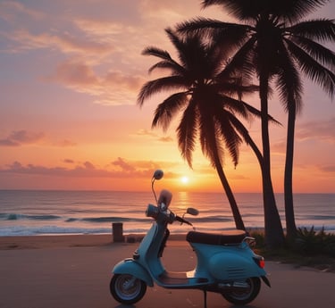 A scenic view of Hua Hin with a motorbike parked on the beach.