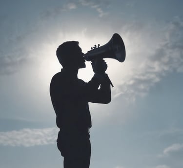 A silhouette of a person holding a megaphone against a clear blue sky, suggesting communication or a call to action.