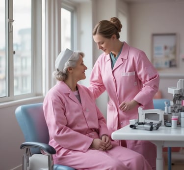 A group of nurses wearing traditional uniforms are gathered around a hospital bed in a clinical setting. One nurse appears to be changing linens or adjusting the bedding of a patient. A basin is placed on the floor, and there is a small table with medical tools and supplies nearby. The setting suggests a hospital or medical training environment from a previous era.