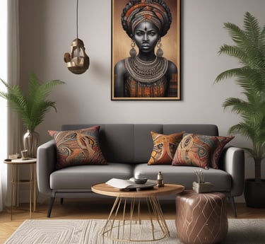 A cozy living room corner decorated with vibrant African textiles and handcrafted wooden ornaments.